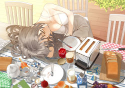 1girl black_hair bread breasts brown_eyes chair cleavage cup dress female_focus food fruit grapes jam jar knife large_breasts long_hair milk napkin original plate saucer solo table teacup teapot throtem toaster white_dress wooden_floor
