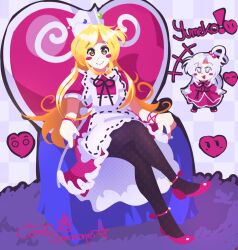 Rule 34 | 2girls, apron, artist name, black pantyhose, blonde hair, blush, bow, breasts, capelet, chibi, comet summoner98, cosplay, crown, deformed, dress, frills, grey eyes, grey hair, hair bobbles, hair ornament, heart, highres, long hair, maid, maid headdress, multiple girls, one side up, pantyhose, puffy short sleeves, puffy sleeves, queen of hearts (alice in wonderland), queen of hearts (alice in wonderland) (cosplay), red dress, red shoes, ribbon, shinki (touhou), shoes, short sleeves, sitting on throne, smile, talking, touhou, touhou (pc-98), yellow eyes, yumeko (touhou)