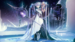1girl absurdly_long_hair boots commentary_request commission dress english_text fantasy full_body galaxy grey_eyes highres holding holding_lantern holding_staff lantern long_hair night original pixiv_commission robe scenery sky smile solo staff star_(sky) starry_sky sumi_keiichi very_long_hair white_hair witch