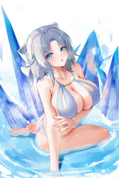 1girl :o absurdres arm_support arm_under_breasts armpit_crease ass azur_lane bare_arms bare_shoulders barefoot bikini blue_bikini blue_eyes blush body_blush breasts butt_crack cleavage collarbone commentary feet grey_hair hair_ornament highres ice ice_spikes large_breasts liu_liaoliao looking_at_viewer medium_hair official_alternate_costume open_mouth parted_bangs partially_submerged senran_kagura shiny_skin sideboob soles solo swimsuit symbol-only_commentary thighs water wet white_bikini yumi_(afternoon_teatime)_(senran_kagura) yumi_(senran_kagura)