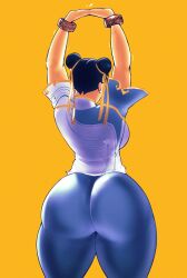 1girl absurdres arms_up ass brown_eyes capcom cdlum chun-li earrings from_behind highres huge_ass jewelry simple_background solo street_fighter stretching