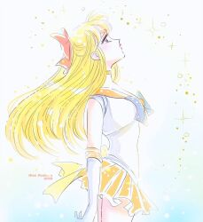 10s 1girl 2019 aino_minako alex_asakura artist_name bishoujo_senshi_sailor_moon blonde_hair blue_bow blue_eyes bow choker dated from_side gloves hair_bow leotard long_hair looking_up miniskirt orange_skirt red_bow sailor_venus short_sleeves skirt sparkle tiara waist_bow white_background white_gloves white_leotard yellow_bow