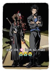 1boy 1girl aerith_gainsborough aerith_gainsborough_(midgard_seventh_high_school) bandaid bandaid_on_cheek bandaid_on_face belt_chain black_gloves black_hair black_jacket black_pants black_sailor_collar black_serafuku black_skirt blue_eyes blue_shirt brown_hair commentary cropped_shirt crossed_arms crying_emoji delinquent emoji english_commentary english_text final_fantasy final_fantasy_vii final_fantasy_vii_ever_crisis flower full_body gakuran gloves green_eyes grin hair_flower hair_ornament high_ponytail highres holding holding_weapon huosheanng jacket jewelry long_hair long_skirt looking_at_viewer meme midriff midriff_peek neckerchief necklace night night_sky official_alternate_costume one_eye_closed outdoors pants parted_bangs pleated_skirt ponytail sailor_collar school_uniform serafuku shaded_face shirt skirt sky smile spiked_hair standing straight-on sukeban weapon white_flower white_neckerchief why_dis_ninja_look_so_mad_(meme) zack_fair zack_fair_(midgard_seventh_high_school)