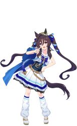 Rule 34 | 1girl, animal ears, bad link, belt, beret, breasts, brown hair, earrings, full body, game model, hair between eyes, hair ornament, hand on own hip, hat, highres, horse ears, horse girl, horse tail, jewelry, long hair, looking at viewer, loose socks, medium breasts, mole, mole under eye, multicolored hair, open mouth, pointing, pointing at self, purple eyes, shoes, simple background, single earring, skirt, sleeveless, smile, socks, solo, standing, streaked hair, tachi-e, tail, transparent background, twintails, umamusume, vivlos (umamusume), white hair, white hat, white shoes, white skirt, white socks