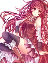 1girl bare_shoulders boots bow breasts detached_sleeves female_focus food food_in_mouth hair_between_eyes hair_bow head_tilt highres holding holding_polearm holding_spear holding_weapon light_blush long_hair looking_to_the_side mahou_shoujo_madoka_magica medium_breasts miniskirt pleated_skirt pocky pocky_in_mouth polearm ponytail red_eyes red_hair sakura_kyoko sakura_kyoko_(magical_girl) sitting skirt solo soul_gem spear thighhighs thighs venn_(vebonbon) very_long_hair weapon white_background zettai_ryouiki
