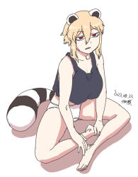 1girl animal_ears araiguma-san bare_shoulders barefoot black_tank_top blonde_hair breasts collarbone crop_top crossed_legs dated feet hair_between_eyes large_breasts legs long_sidelocks looking_at_viewer navel open_mouth original panties raccoon_ears raccoon_girl raccoon_tail red_eyes shadow short_hair sidelocks signature simple_background sitting stomach tail tank_top thighs toes tsukudani_(coke-buta) underwear very_short_hair white_background white_panties