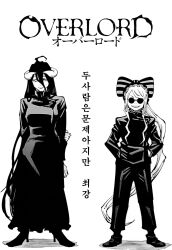 2girls albedo_(overlord) arms_behind_back bilingual_commentary black_hair comic_panel_redraw commentary_request copyright_name cosplay demon_girl demon_horns derivative_work full_body getou_suguru getou_suguru_(cosplay) glasses gojou_satoru gojou_satoru_(cosplay) greyscale grin hair_between_eyes hair_ribbon hands_in_pockets highres horns humphreys jujutsu_kaisen jujutsu_tech_uniform korean_commentary long_hair mixed-language_commentary monochrome multiple_girls overlord_(maruyama) parody ponytail pose_imitation ribbon shalltear_bloodfallen sidelocks smile sunglasses white_hair