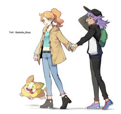 1boy 1girl absurdres aged_down baseball_cap belt black_belt black_footwear blue_footwear blue_pants brown_coat buttons coat commentary_request dark-skinned_male dark_skin gen_8_pokemon green_eyes green_shirt hat highres holding_hands leon_(pokemon) long_hair long_sleeves navel nintendo orange_hair pants pokemon pokemon_(anime) pokemon_(creature) pokemon_journeys pokemon_swsh043 ponytail purple_hair ribbed_shirt shirt shoes smile sonia_(pokemon) teeth twitter_username yamper youchengyan