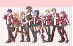 4girls 5boys alisa_reinford bag black_hair blue_eyes blue_hair boots braid brown_hair closed_eyes curtained_hair denim double-parted_bangs eiyuu_densetsu elliot_craig emma_millstein fie_claussell full_body gaius_worzel glasses green_eyes green_hair hair_between_eyes hair_bun hanabi_(usagibakudan) high_heel_boots high_heels holding holding_bag jacket jeans jusis_albarea laura_s._arseid loafers long_hair long_sidelocks machias_regnitz mullet multiple_boys multiple_girls necktie open_mouth orange_hair pants parted_bangs pink_hair ponytail purple_eyes rean_schwarzer red_eyes school_bag school_uniform sen_no_kiseki_(series) sen_no_kiseki_i shoes short_hair sideburns sidelocks single_braid single_sidelock skirt smile sneakers thors_military_academy_class_vii_uniform