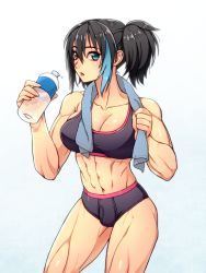 1futa abs black_hair bottle breasts briefs bulge futanari gradient_background heterochromia ichigatsu26 large_breasts male_underwear muscular muscular_female navel open_mouth solo sports_bikini toned towel towel_around_neck underwear utau yokune_ruko