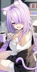 1girl animal_ear_fluff animal_ears bare_shoulders bed_sheet black_jacket blush book bookshelf breasts cat_ears cat_girl cat_tail cleavage coffee_mug commentary cup darjeeling_(reley) hair_between_eyes hair_over_one_eye highres holding holding_cup hololive indoors jacket large_breasts long_sleeves looking_at_viewer mug nekomata_okayu nekomata_okayu_(oversized_shirt) off_shoulder official_alternate_costume on_bed open_clothes open_jacket open_mouth purple_eyes purple_hair revision shirt signature sitting solo steam symbol-only_commentary tail virtual_youtuber white_shirt