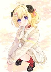 1girl ahoge animal_ears black_shoes blonde_hair brown_dress brown_jacket closed_mouth commentary_request cropped_jacket dress full_body hair_intakes hair_ornament hairclip highres hololive horns jacket loafers long_sleeves looking_at_viewer open_clothes open_jacket ponytail puffy_long_sleeves puffy_sleeves purple_eyes red_socks rino_cnc sailor_collar sailor_dress sheep_ears sheep_girl sheep_horns shoes sleeves_past_wrists smile socks solo squatting striped_clothes striped_dress tsunomaki_watame tsunomaki_watame_(street_casual) twitter_username vertical-striped_clothes vertical-striped_dress virtual_youtuber white_sailor_collar