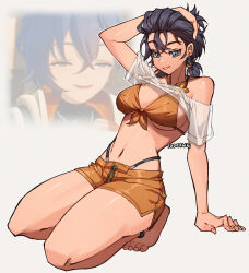 Rule 34 | 1girl, artist name, belle (summer skies) (zenless zone zero), belle (zenless zone zero), bikini, blue hair, breasts, commentary, english commentary, game screenshot inset, green eyes, hair pulled back, highres, medium breasts, navel, orange bikini, shirt, short hair, short twintails, simple background, smile, solo, swimsuit, twintails, wet, wet clothes, wet shirt, white background, white shirt, wokiiarts, zenless zone zero