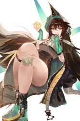 1girl :d absurdres arknights brown_hair crossed_bangs fingernails floating full_body gauze gauze_on_knee green_nails grin hair_between_eyes highres infection_monitor_(arknights) kafka_(arknights) long_hair looking_at_viewer nail_polish open_mouth smile solo thick_thighs thighs very_long_hair white_background yellow_eyes yuki_flourish