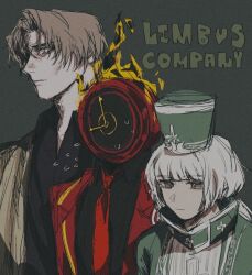 Rule 34 | 1boy, 1girl, 1other, black shirt, charon (project moon), clock, closed mouth, coat, collared shirt, copyright name, dante (limbus company), dress, fire, flying sweatdrops, grey dress, grey eyes, grey hair, grey hat, hat, komin kuma, lapels, limbus company, necktie, notched lapels, object head, project moon, red coat, red eyes, red necktie, shako cap, shirt, sweat, upper body, vergilius (project moon), yellow trim