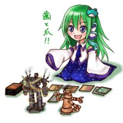 Rule 34 | 1girl, aged down, bare shoulders, blue eyes, blue necktie, blue skirt, blush, card, card game, collared shirt, detached sleeves, double-parted bangs, frog hair ornament, green hair, hair ornament, hair tubes, happy, hozenkakari, kochiya sanae, long hair, long skirt, long sleeves, lowres, magic: the gathering, necktie, open mouth, patterned clothing, print skirt, shirt, simple background, single hair tube, single sidelock, skirt, skirt set, sleeveless, sleeveless shirt, sleeves past fingers, sleeves past wrists, snake hair ornament, solo, touhou, trading card, white background, wide sleeves