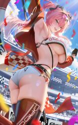 1girl arm_up armpits ass black_bow black_gloves blue_sky blush bow breasts check_clothing clothing_request commentary_request day gloves gradient_hair hair_bow headgear highres holding holding_polearm holding_weapon jacket large_breasts long_hair looking_at_viewer lupa_(wuthering_waves) multicolored_hair open_mouth outdoors pink_hair polearm raidriar_18 red_jacket red_pupils red_thighhighs shorts signature sky smile solo thighhighs thighs two-tone_hair underboob weapon white_shorts wuthering_waves yellow_eyes