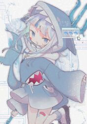 1girl absurdres animal_hood bandaid bandaid_on_face bandaid_on_leg blue_eyes blue_hair blue_hood cursor fins fish fish_tail gawr_gura gawr_gura_(1st_costume) highres holding holding_polearm holding_weapon hololive hololive_english hood long_sleeves looking_at_viewer open_mouth pocket polearm shark_girl shark_hood shark_tail shoes solo standing standing_on_one_leg stretching tail tendoshi trident virtual_youtuber water weapon white_hair window_(computing)