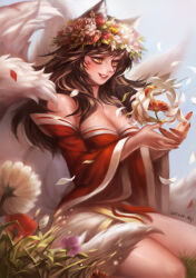 1girl absurdres ahri_(league_of_legends) animal_ears bare_shoulders bebseo black_hair blush breasts cleavage commentary dated dress english_commentary facial_mark falling_petals flower fox_ears fox_girl fox_tail grass grin hair_over_shoulder head_wreath highres holding holding_flower kitsune kneeling korean_clothes kyuubi league_of_legends long_hair medium_breasts multiple_tails petals red_dress smile solo tail yellow_eyes