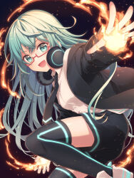 1girl :d absurdres arm_at_side black_background black_jacket black_necktie black_skirt black_thighhighs blue_eyes blue_hair borrowed_character breasts commission embers fangs feet_out_of_frame fire glasses glowing glowing_trim happy headphones headphones_around_neck highres hinata_mizuiro impossible_clothes jacket long_hair long_sleeves looking_at_viewer looking_to_the_side medium_breasts miniskirt necktie open_clothes open_hand open_jacket open_mouth original outstretched_arm pyrokinesis rectangular_eyewear red-framed_eyewear ringed_eyes second-party_source shoes skin_fangs skirt smile solo squatting thighhighs very_long_hair white_shoes zettai_ryouiki