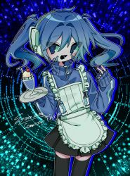 1girl apron black_skirt black_thighhighs blue_eyes blue_hair blue_jacket commentary commission cowboy_shot ene_(kagerou_project) food frilled_apron frills headphones high_collar highres holding holding_plate ice_cream ice_cream_float jacket jersey_maid kagerou_project long_hair long_sleeves looking_at_viewer maid maid_apron miniskirt open_clothes open_jacket plate pleated_skirt signature skirt sleeves_past_wrists smile sn_(sn_utu00) solo standing thighhighs twintails unconventional_maid white_apron zettai_ryouiki zipper_pull_tab
