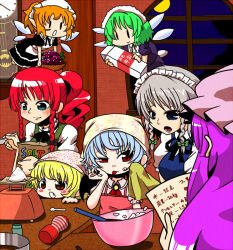 6+girls :&gt; :o alternate_hairstyle apron baking bat_(animal) bat_wings batman batman_(series) blonde_hair blue_eyes blue_hair blush_stickers bowl braid brooch carrying clock dc_comics english_text engrish_text fairy_maid_(touhou) fairy_wings fang flandre_scarlet flying food fruit full_moon grapes green_hair hand_on_own_face handsome_wataru hat hong_meiling indoors izayoi_sakuya jewelry kitchen kitchen_scale logo long_hair maid_headdress milk_carton mob_cap moon multiple_girls night no_headwear no_headwear open_mouth patchouli_knowledge puffy_short_sleeves puffy_sleeves purple_hair ranguage red_eyes red_hair remilia_scarlet salt short_hair short_sleeves silver_hair smile spoon tenga tongue tongue_out touhou towel twin_braids typo weighing_scale window wings |_|