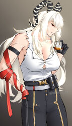 1girl absurdres arm_strap bare_shoulders black_gloves black_horns black_pants breasts button_gap cleavage collarbone commentary cowboy_shot cup curled_horns drinking_glass gloves hand_on_own_hip high-waist_pants highres holding holding_cup horns large_breasts long_hair necktie necktie_around_wrists obosounds pants parted_lips red_eyes red_necktie shirt shirt_tucked_in solo white_hair white_shirt wuthering_waves zani_(wuthering_waves)