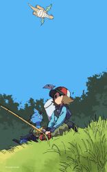 1boy baseball_cap blue_jacket blue_sky brown_eyes brown_hair butterfly_net closed_eyes dewott dragon_wings dragonite fishing_rod gen_1_pokemon gen_5_pokemon grass hand_net hat highres hilbert_(pokemon) holding holding_fishing_rod jacket letter male_focus nintendo nyagiratwist outdoors pokemon pokemon_(creature) pokemon_bw sitting sky source_request twitter_username wings