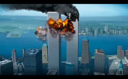 9/11 building city cityscape commentary commentary_request day dock english_commentary explosion highres historical_event kusakabe_(kusakabeworks) letterboxed mixed-language_commentary new_york_city no_humans photo-referenced real_life real_world_location river scenery sky skyscraper smoke united_states urban world_trade_center
