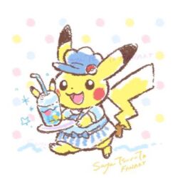 Rule 34 | :3, apron, artist name, blue apron, blue hat, blue shirt, clothed pokemon, commentary request, cup, dot nose, drink, drinking straw, full body, gen 1 pokemon, hat, holding, holding plate, nintendo, no humans, open mouth, pikachu, plate, poke ball theme, pokemon, pokemon (creature), pokemon focus, polka dot, polka dot background, shirt, smile, solo, tsuruta saya