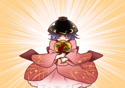 1girl bowl bowl_hat closed_eyes female_focus hat japanese_clothes kimono mallet purple_hair satou_yuuki short_hair solo sukuna_shinmyoumaru touhou