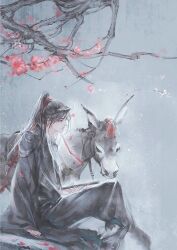 1boy ahoge animal black_boots black_hair black_hanfu boots branch cherry_blossoms chinese_clothes closed_mouth crossed_legs dizi donkey falling_petals faux_traditional_media flower flute grey_eyes hair_ribbon hanfu high_ponytail holding holding_flute holding_instrument ink_wash_painting instrument kcllzas163 light_particles long_hair long_sleeves looking_to_the_side male_focus modao_zushi outdoors pants petals pink_flower ponytail red_flower red_ribbon ribbon robe sitting smile solo third-party_source transverse_flute tree wei_wuxian white_pants wide_sleeves