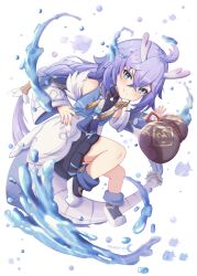 1girl ahoge bailu_(honkai:_star_rail) blue_eyes blush braid chinese_clothes closed_mouth dragon_girl dragon_horns dragon_tail eastern_dragon_horns eastern_dragon_tail flat_chest gout hair_between_eyes highres honkai:_star_rail honkai_(series) horns long_hair low-tied_long_hair munatus purple_hair simple_background smile solo tail white_background wide_sleeves