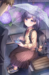 1boy 1girl :o backpack bag bag_charm black_hair black_jacket black_shoes blush brown_hair brown_shoes brown_skirt brown_socks cellphone charm_(object) collared_shirt commentary_request day dress_shirt floral_print flower grate hair_ornament hairclip highres holding holding_phone holding_umbrella hydrangea jacket kouta. neck_ribbon original outdoors parted_lips phone pink_flower pleated_skirt purple_eyes purple_flower red_ribbon ribbon shirt shoes signature skirt socks solo_focus stuffed_animal stuffed_toy swept_bangs teddy_bear transparent transparent_umbrella umbrella