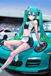 1girl absurdres aqua_hair aqua_trim arm_tattoo bare_arms black_skirt blue_eyes breasts car cleavage cleavage_cutout clothing_cutout crop_top day elementary_(lolipope) gradient_hair green_hair hair_between_eyes hair_ornament hatsune_miku highres looking_at_viewer midriff miniskirt motor_vehicle multicolored_hair navel number_tattoo outdoors pencil_skirt race_queen racing_miku shoes skirt small_breasts smile solo stomach tattoo twintails two-tone_skirt vocaloid white_shoes white_skirt x_hair_ornament