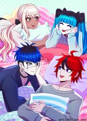 2boys 2girls alternate_costume amemiya_darumi artist_black bed black_bow black_collar black_hair blonde_hair blue_eyes blue_hair bow brown_eyes closed_eyes collar dark-skinned_female dark_skin earrings eyepatch face_piercing heart highres holding holding_pillow jewelry kawana_tsubasa lip_piercing looking_at_another multicolored_hair multiple_boys multiple_girls omokage_yugamu pajamas piercing pillow ponytail red_collar red_hair safety_pin scar sumino_takumi the_hundred_line_-last_defense_academy- twintails yaoi yuri