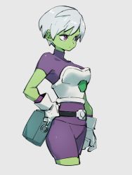 1girl bodysuit cheelai closed_mouth colored_skin dragon_ball dragon_ball_super dragon_ball_super_broly gloves green_skin grey_background kemachiku looking_at_viewer looking_away pink_eyes purple_bodysuit short_hair simple_background solo white_gloves white_hair