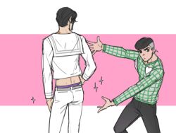 Rule 34 | 2boys, ass, ass focus, birthmark, black hair, border, dimples of venus, joestar birthmark, jojo no kimyou na bouken, jojolion, kira yoshikage (jojolion), kujo josefumi, looking at viewer, male focus, multiple boys, outstretched arms, pink background, presenting another, reammara, sailor, sparkle