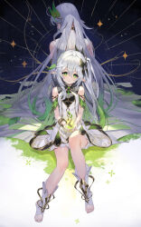 2girls back back-to-back bare_shoulders bracer braid closed_mouth colored_tips commentary_request cross-shaped_pupils detached_sleeves dress facing_away feet full_body genshin_impact glowing green_eyes hair_between_eyes hair_ornament leaf_hair_ornament long_dress long_hair looking_at_viewer multicolored_hair multiple_girls nahida_(genshin_impact) nape pointy_ears revision rukkhadevata_(genshin_impact) scottie_(phantom2) short_dress short_shorts short_sleeves shorts side_ponytail sidelocks sitting sleeveless sleeveless_dress socks spoilers stirrup_legwear streaked_hair symbol-shaped_pupils thighs toeless_legwear toes very_long_hair white_dress white_hair white_shorts white_socks