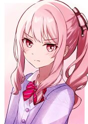 Rule 34 | 1other, akiyama mizuki, bow, bowtie, cardigan, collared shirt, commentary request, hair bow, highres, looking at viewer, pink eyes, pink hair, ponytail, project sekai, school uniform, shirt, solo, striped bow, striped bowtie, striped clothes, upper body, yoi (a27963244)