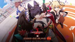 3girls blonde_hair breasts brown_eyes cleavage crossover dead_or_alive dead_or_alive_6 kasumi_(doa) langrisser langrisser_mobile large_breasts long_hair marie_rose multiple_girls ninja nyotengu official_art pelvic_curtain ponytail purple_eyes twintails wings