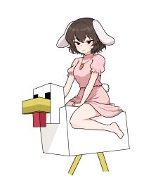 1girl :3 a_minecraft_movie animal_ears barefoot blush breasts brown_hair carrot_necklace chicken_(minecraft) chicken_jockey_(meme) closed_mouth cocktiel77 commentary dress english_commentary floppy_ears frilled_dress frilled_sleeves frills full_body inaba_tewi jewelry looking_at_viewer medium_breasts meme minecraft necklace pink_dress puffy_short_sleeves puffy_sleeves rabbit_ears rabbit_girl rabbit_tail red_eyes ribbon-trimmed_dress ribbon_trim short_hair short_sleeves simple_background smile solo tail touhou white_background