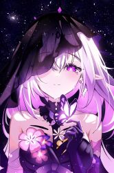 1girl bare_shoulders black_veil bug butterfly butterfly_on_hand castorice_(honkai:_star_rail) commentary dalmyang dress elf flower_ornament gloves happy_tears highres honkai:_star_rail honkai_(series) insect long_hair pointy_ears purple_dress purple_eyes purple_gloves purple_hair revision see-through_clothes see-through_veil sky smile solo star_(sky) starry_sky tears veil