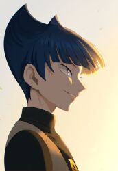 1boy black_shirt blue_eyes blue_hair from_side grey_vest grin highres logo male_focus nakikot_t nintendo outdoors pokemon pokemon_dppt saturn_(pokemon) shirt short_hair smile solo team_galactic team_galactic_uniform teeth upper_body vest