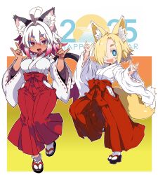 2025 2girls ahoge animal_ear_fluff animal_ears blonde_hair blue_eyes blush blush_stickers breasts cat_ears cat_girl cat_tail colored_tips dancing dark-skinned_female dark_skin double_fox_shadow_puppet fang fox_ears fox_girl fox_shadow_puppet fox_tail full_body geta hair_between_eyes hair_over_one_eye hakama happy_new_year highres japanese_clothes kimono large_breasts looking_at_viewer multicolored_hair multiple_girls new_year open_mouth original red_eyes red_hakama short_eyebrows small_breasts smile socks standing standing_on_one_leg tail tsukinoha_mio white_hair white_kimono white_socks wide_sleeves
