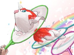 blue_eyes closed_mouth commentary_request fingernails fish gen_1_pokemon goldeen goldfish_scooping holding mukiguri nintendo poi_(goldfish_scoop) pokemon pokemon_(creature) solo_focus sparkle splashing water