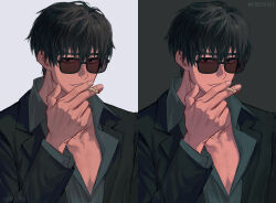 1boy @_(symbol) artist_name black_background black_hair black_jacket black_shirt cigarette dark-skinned_male dark_skin dress_shirt firepok glasses hair_between_eyes holding holding_cigarette jacket male_focus messy_hair multiple_views nicholas_d._wolfwood open_clothes open_jacket recurring_image shirt smile smoking sunglasses tinted_eyewear trigun trigun_stampede upper_body