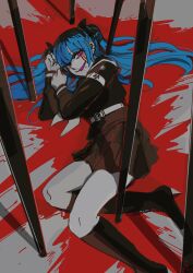 1girl absurdres amemiya_darumi armband black_bow black_hair black_skirt blood blood_splatter bloody_tears blue_hair bow calf_boots face_piercing female_focus hair_bow highres last_defense_academy_school_uniform lip_piercing long_hair lying multicolored_hair piercing pink_eyes pleated_skirt skirt solo solo_focus the_hundred_line_-last_defense_academy- twintails
