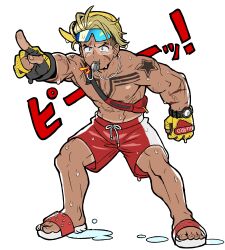 1boy abs absurdres blonde_hair blowing_whistle blue-tinted_eyewear blue_eyes brown_hair chest_tattoo drawstring eyewear_on_head fanny_pack fingerless_gloves fingernails flip-flops forked_eyebrows full_body gloves groin highres lifeguard luke_sullivan male_focus male_swimwear multicolored_hair multiple_scars multiple_tattoos nipples official_alternate_costume outstretched_arm pectorals pointing red_male_swimwear red_swim_trunks sach56000 sandals scar scar_on_arm scar_on_face shoulder_tattoo solo star_(symbol) street_fighter street_fighter_6 sunglasses swim_trunks tan tanline tanline_peek tattoo tinted_eyewear topless_male two-tone_hair watch water wet whistle white_background wristwatch