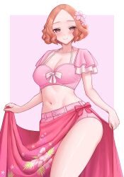 1girl absurdres blush breasts brown_eyes brown_hair closed_mouth crop_top flower hair_flower hair_ornament highres looking_at_viewer midriff navel okumura_haru persona persona_5 pink_sarong pink_shirt pink_shorts sarong shirt short_hair short_sleeves shorts smile solo thighs turnipdish